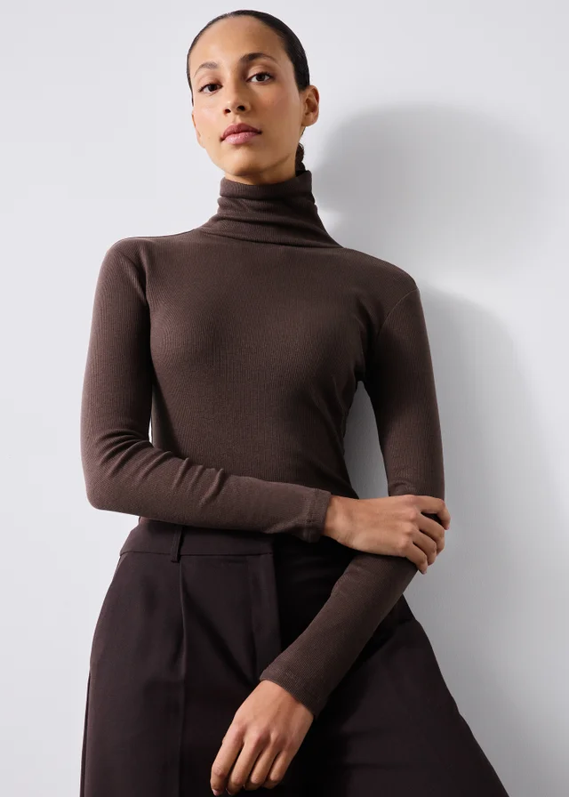 Chocolate Ribbed Roll Neck Top