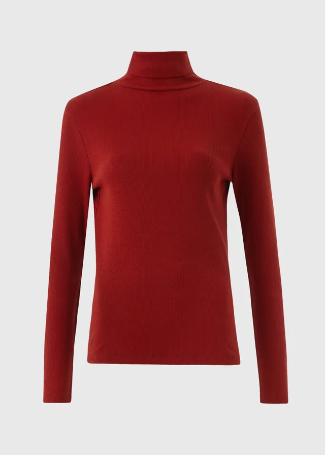 Red Ribbed Roll Neck Top