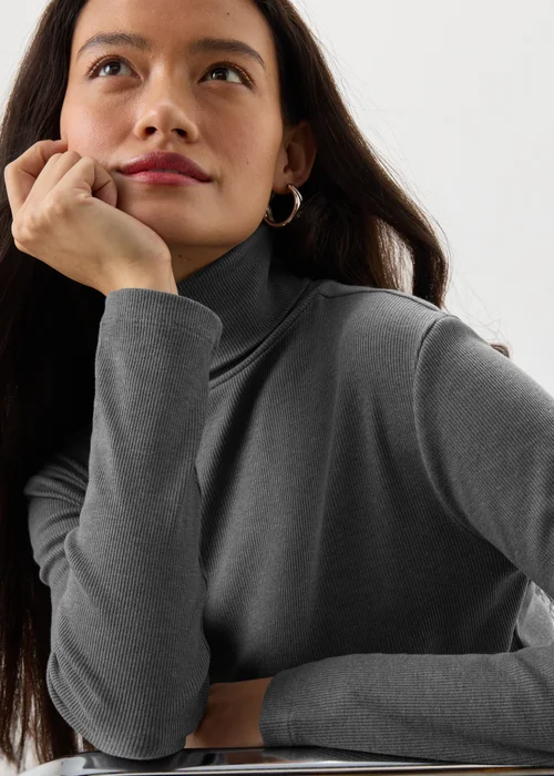 Charcoal Grey Ribbed Roll Neck Top - 8 Image 3
