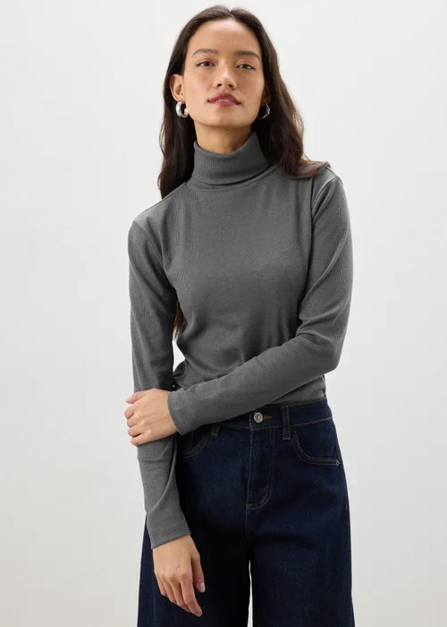 Charcoal Grey Ribbed Roll Neck Top - 8 Image 1