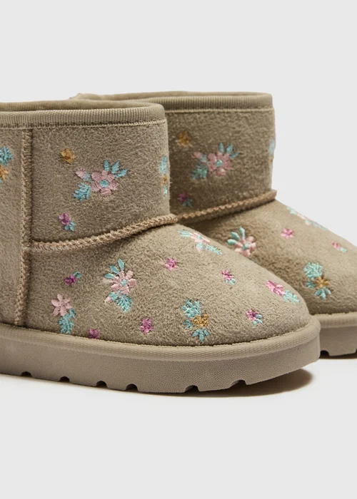 Girls Tan Floral Embroidered Snug Boots (Younger 4-12) - 4 Infants Image 2
