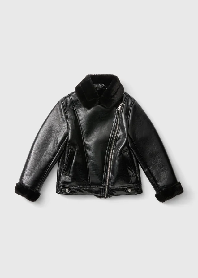 Girls Black Faux Leather Aviator Jacket (7-15 Yrs)