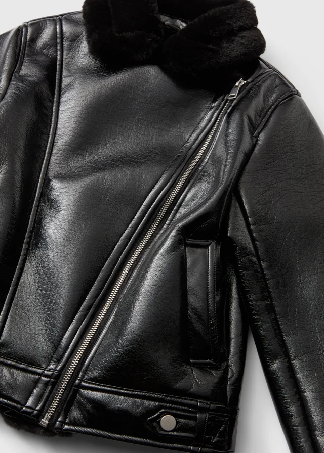 Girls Black Faux Leather Aviator Jacket (7-15 Yrs)