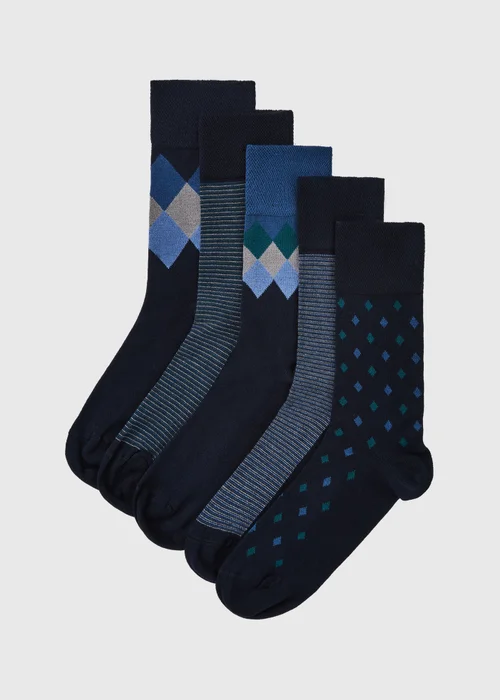 5 Pack Blue Flexi Top Argyle Socks - 6-8.5 Image 1