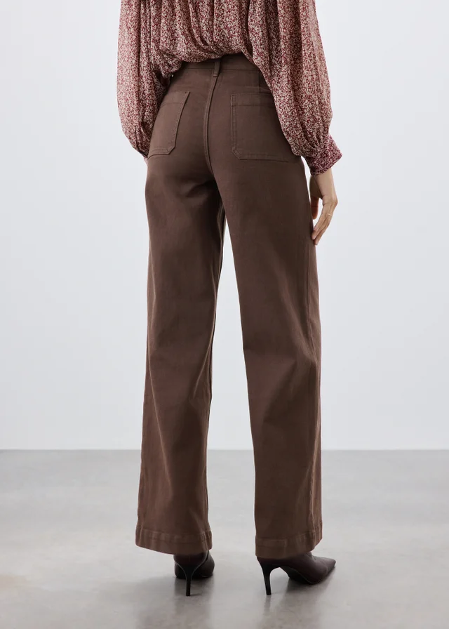 Chocolate Brown Stretch Pocket Front Mid Rise Wide Leg Jeans