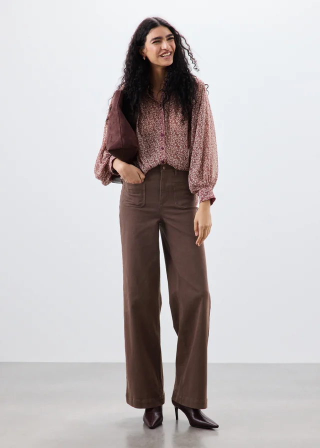 Chocolate Brown Stretch Pocket Front Mid Rise Wide Leg Jeans