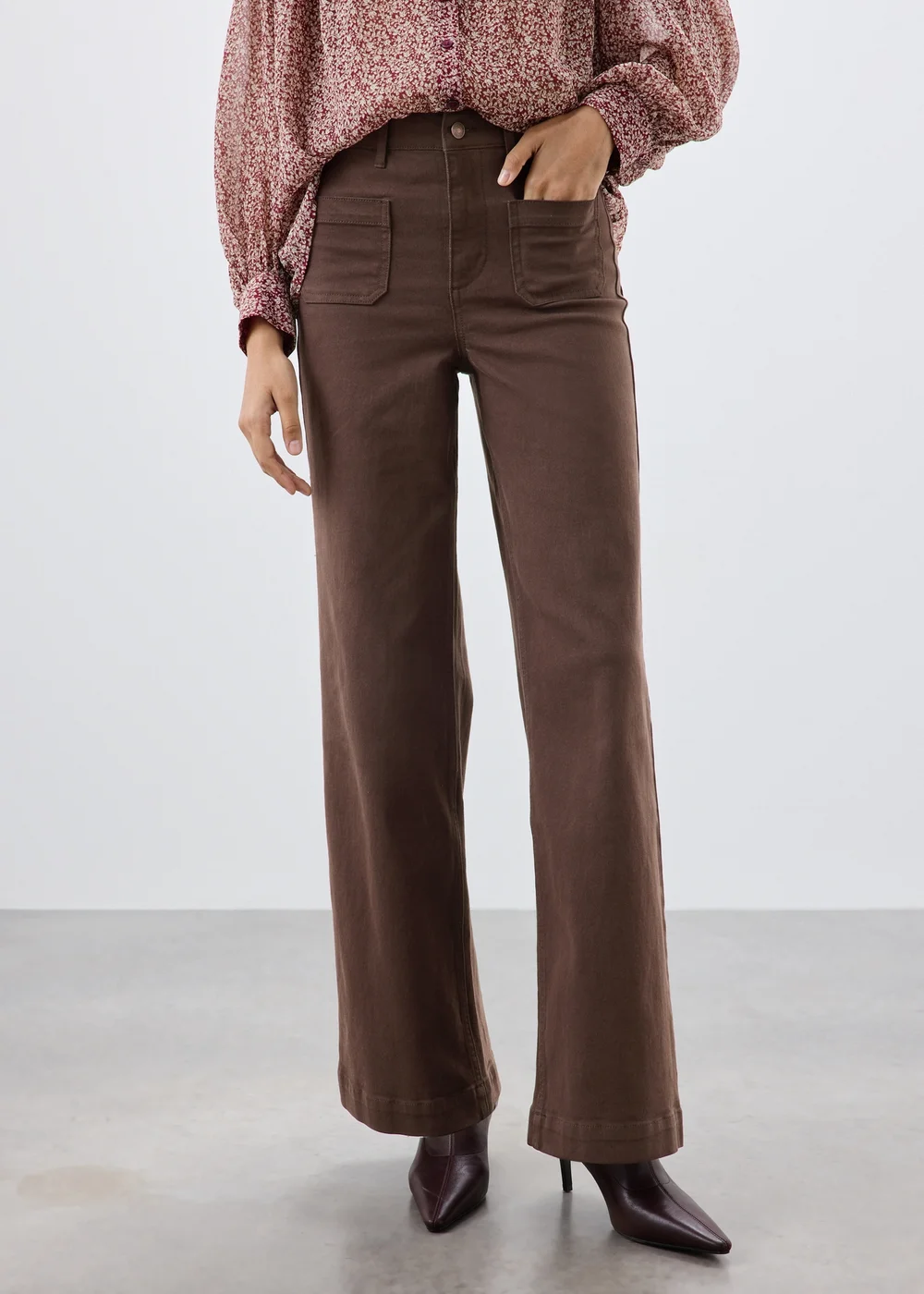 Chocolate Brown Stretch Pocket Front Mid Rise Wide Leg Jeans - 8/L29 Image 3