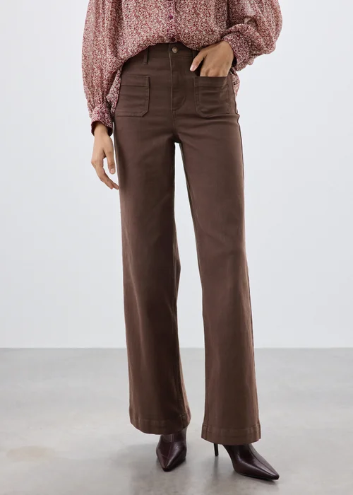 Chocolate Brown Stretch Pocket Front Mid Rise Wide Leg Jeans - 8/L29 Image 3