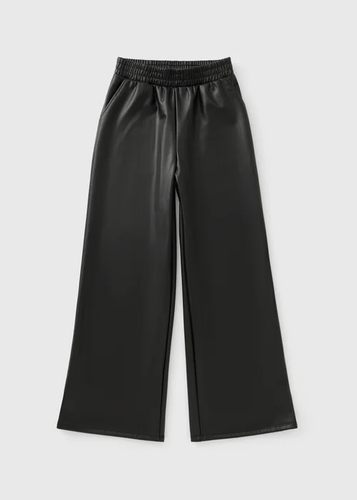Girls Black Leather Look Wide Leg Trousers (7-15yrs) - 7 Yrs Image 1