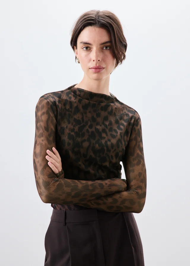 Brown Animal Print Mesh Top