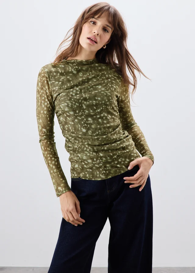 Khaki Animal Print Mesh Top