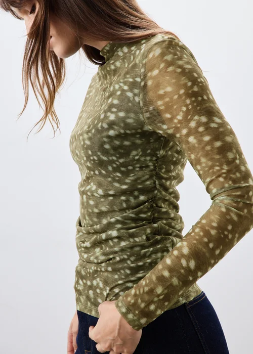 Khaki Animal Print Mesh Top - 8 Image 3