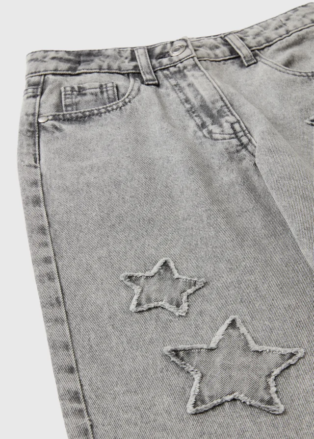 Girls Grey Star Design Wide Leg Jeans (7-15 Yrs)