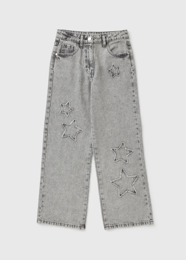 Girls Grey Star Design Wide Leg Jeans (7-15 Yrs)