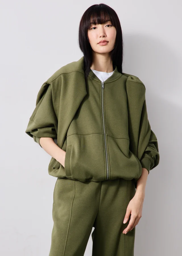 Khaki Zip Front Bomber Sweatshirt