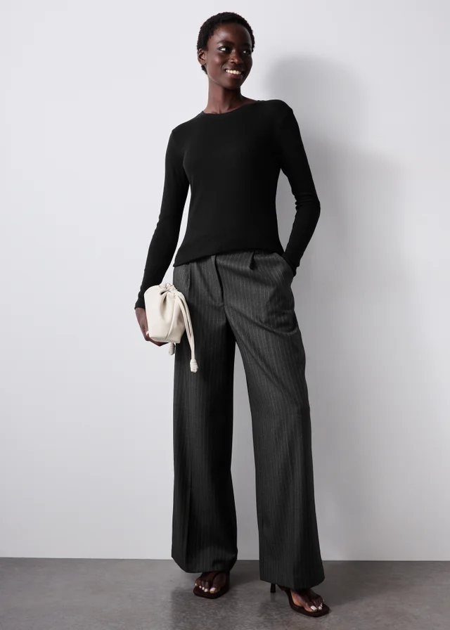 Black Ribbed Fitted Crew Neck Top