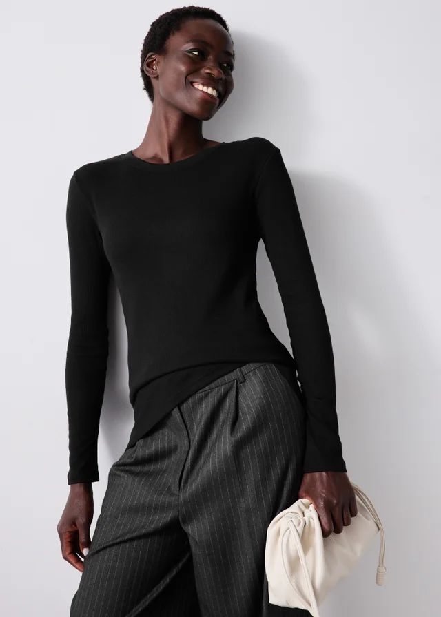 Black Ribbed Fitted Crew Neck Top
