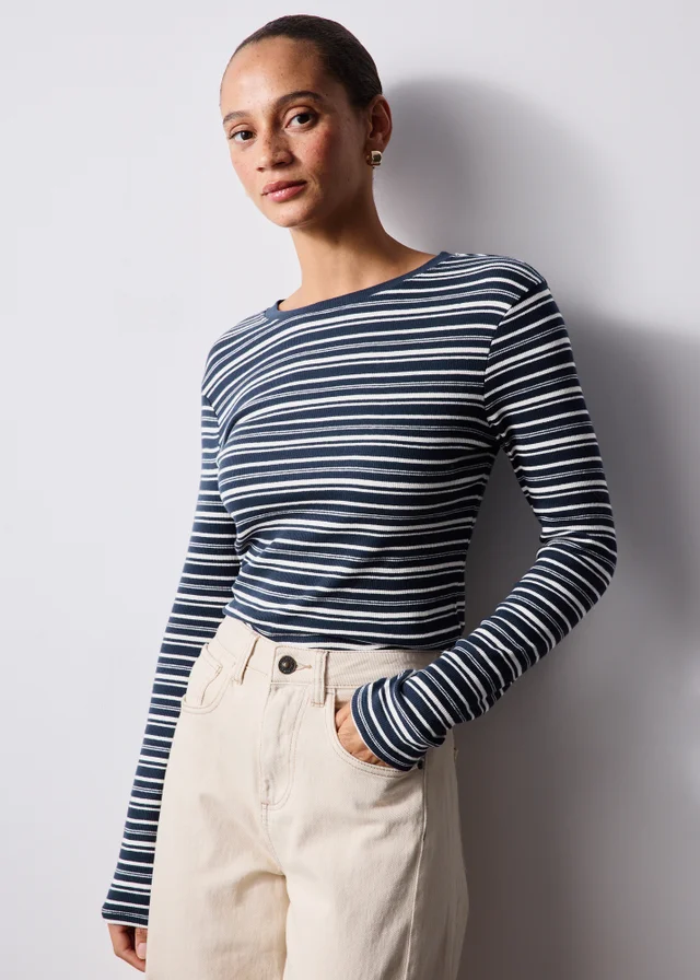 Navy Ribbed Striped Fitted Top