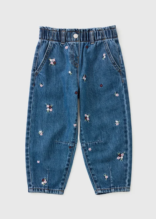 Girls Mid Wash Floral Barrel Leg Jeans (1-8yrs) - 1-1.5 Yrs Image 1