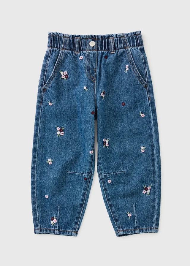 Girls Mid Wash Floral Barrel Leg Jeans (1-8yrs)
