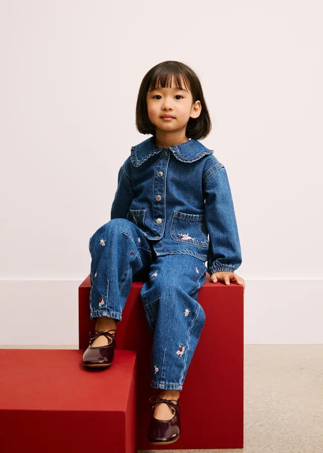 Girls Mid Wash Floral Barrel Leg Jeans (1-8yrs)