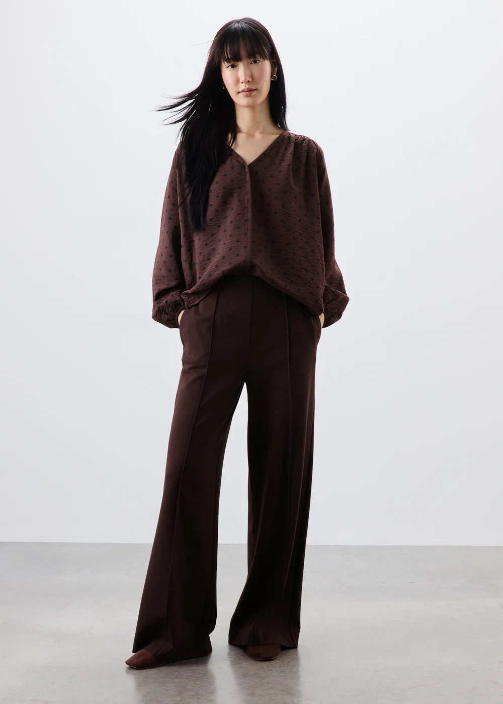 Chocolate Brown Spot Popover Blouse - 8 Image 3