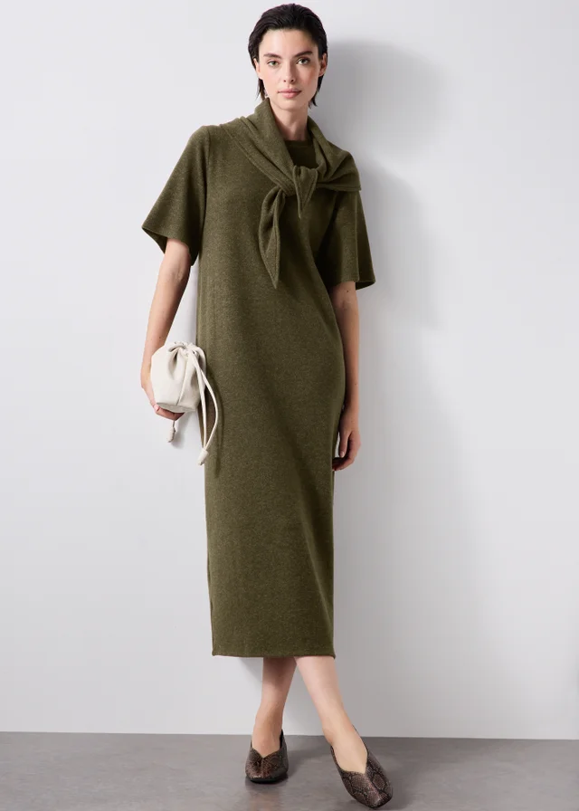 Khaki Scarf Neck Cosy Midaxi Dress