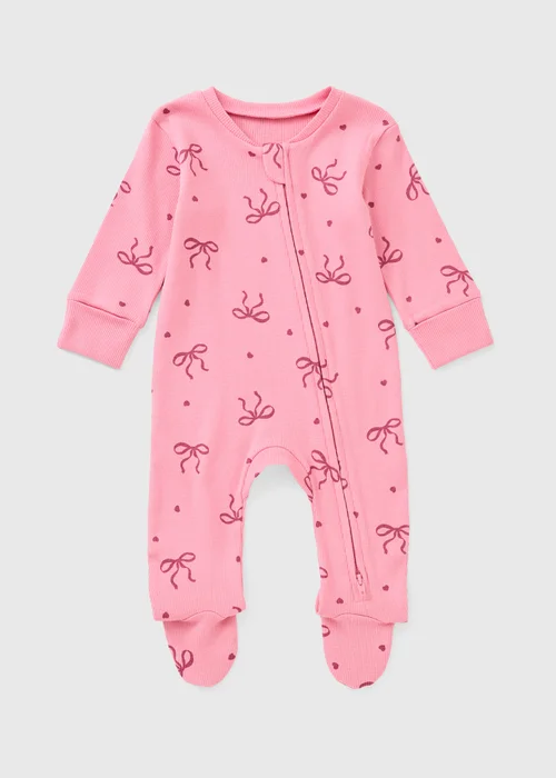 Baby Pink Bow Zip Up Sleepsuit (0-23 Mnths) - First Size Image 1