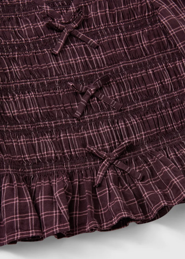Girls Burgundy Shirred Check Top (7-15yrs)