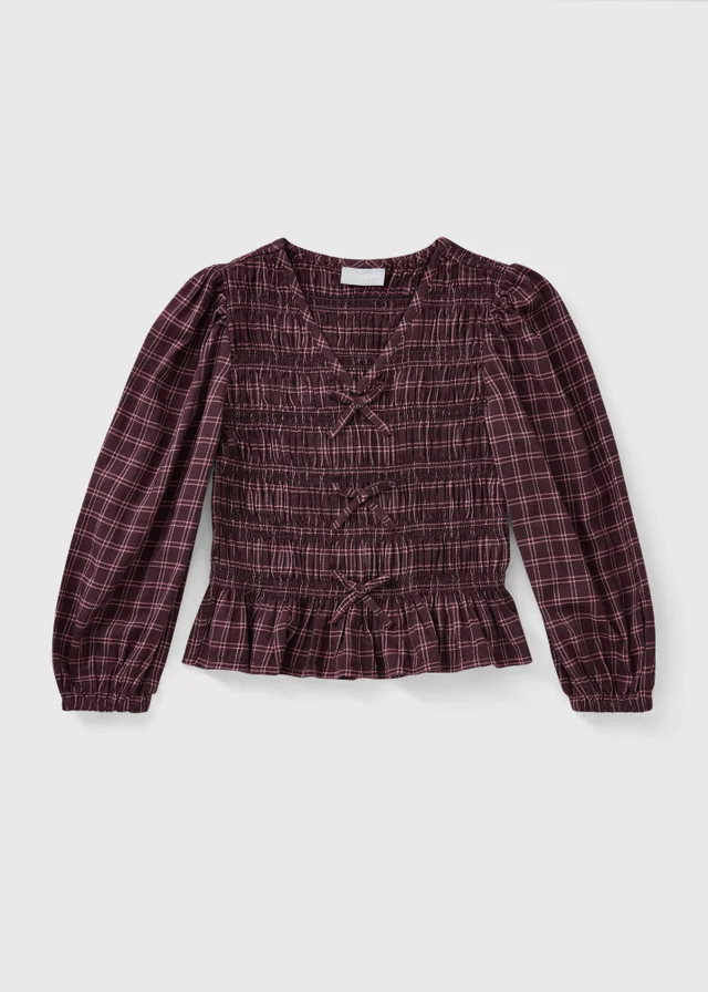 Girls Burgundy Shirred Check Top (7-15yrs)
