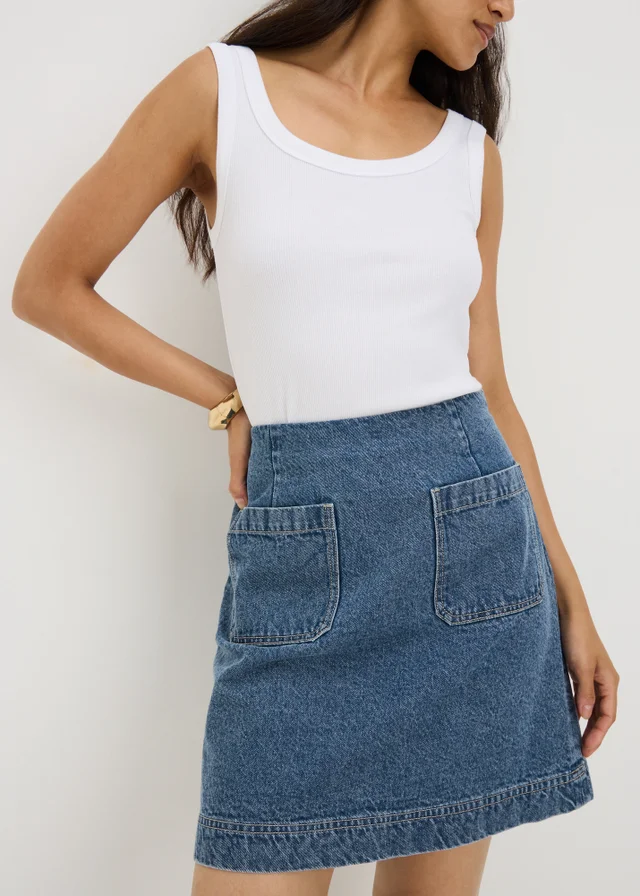 Mid Wash Double Pocket Denim Mini Skirt