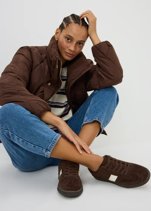 Chocolate Faux Suede Retro Trainers - 3 Image 1
