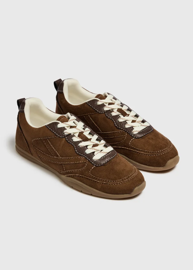 Chocolate Retro Faux Suede Trainers
