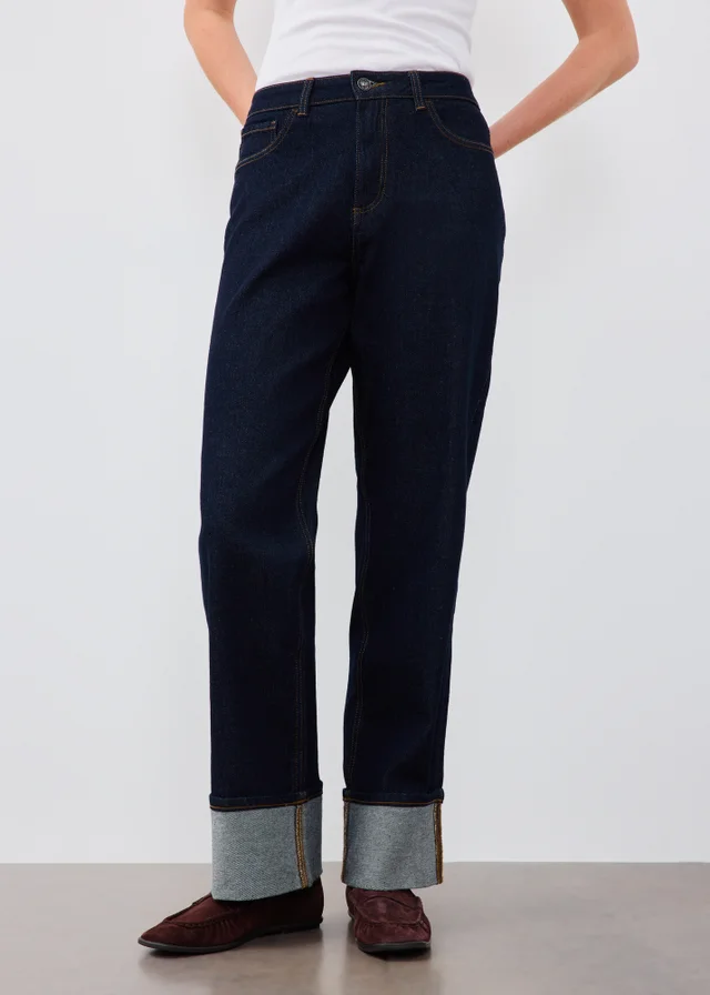 Indigo Blue Stretch Straight Leg Mid Rise Turn Up Jeans