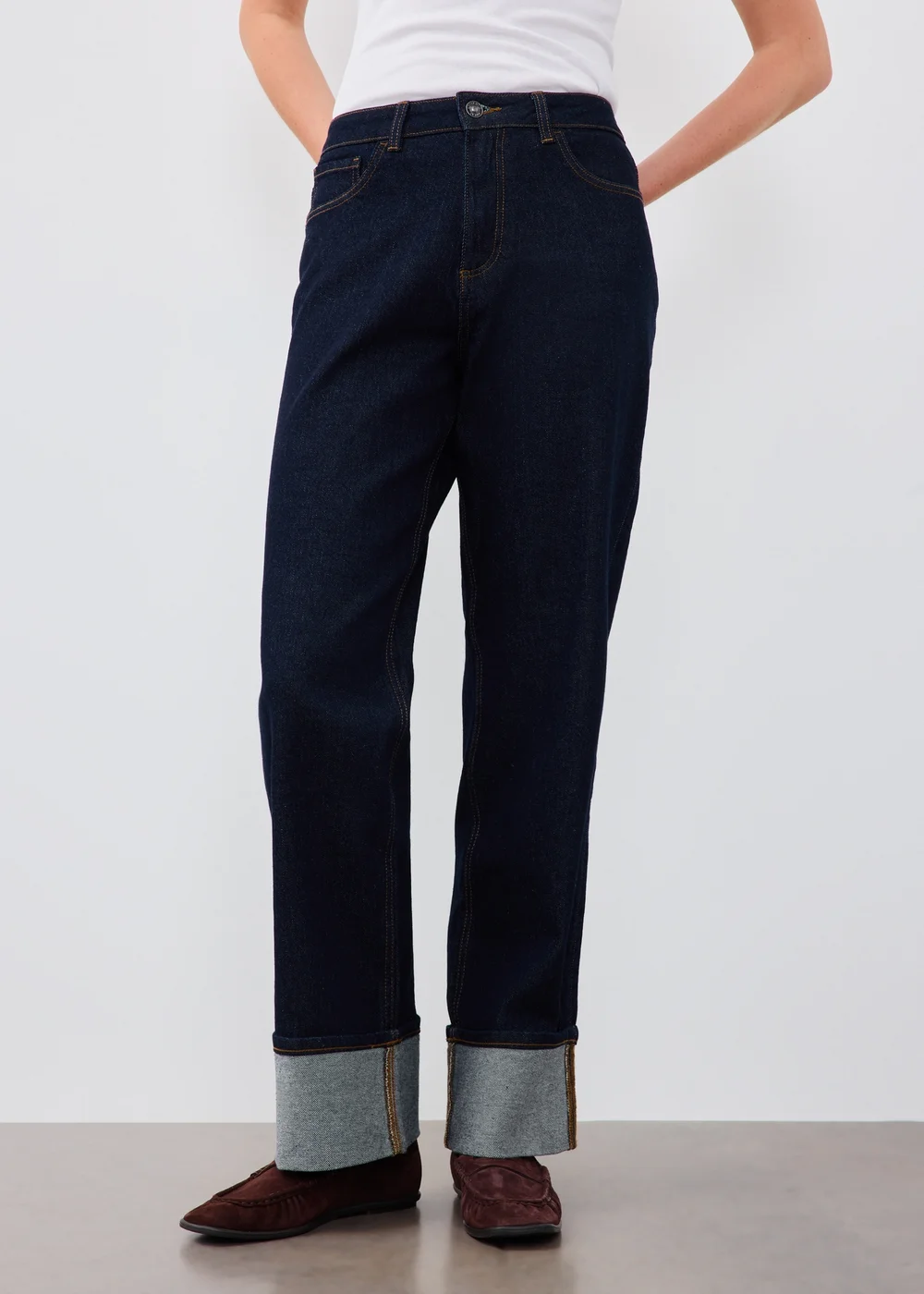 Indigo Blue Stretch Straight Leg Mid Rise Turn Up Jeans - 26/L29 Image 3