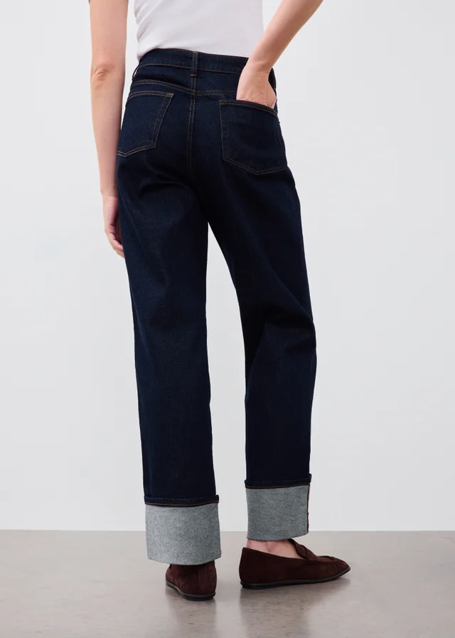 Indigo Blue Stretch Straight Leg Mid Rise Turn Up Jeans