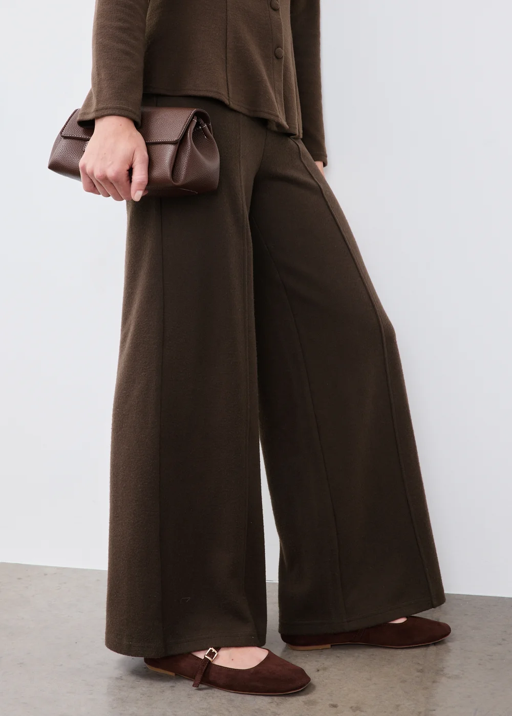 Chocolate Brown Soft Touch Wide Leg Co Ord Trousers - 8/L29 Image 1