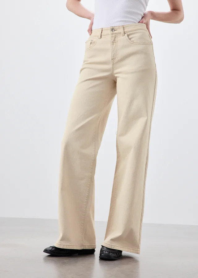 Ecru Stretch Wide Leg Jeans