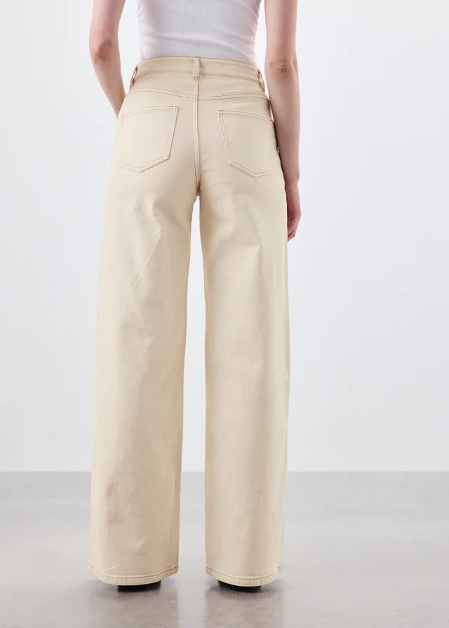 Ecru Stretch Wide Leg Jeans