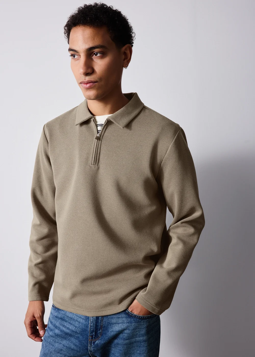 Stone Marl Long Sleeve Twill Polo - XS Image 1