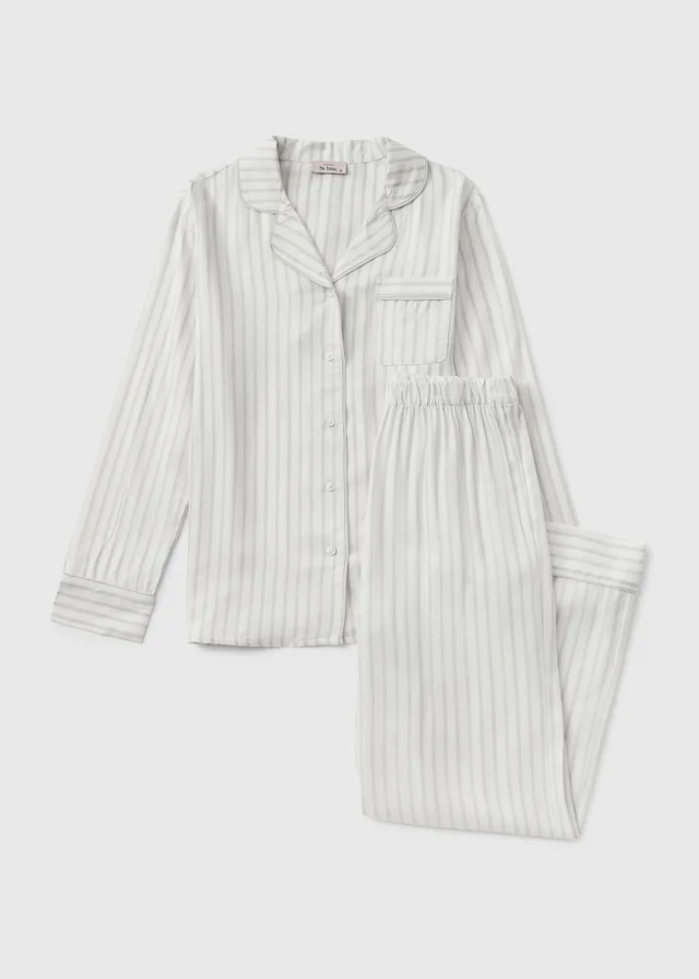 Grey Striped Woven Button Pyjama Set