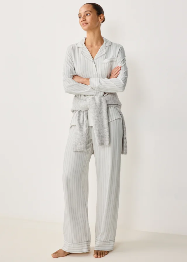 Grey Striped Woven Button Pyjama Set