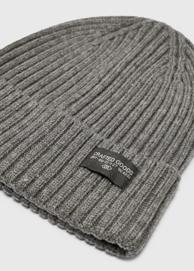 Charcoal Badge Ribbed Beanie