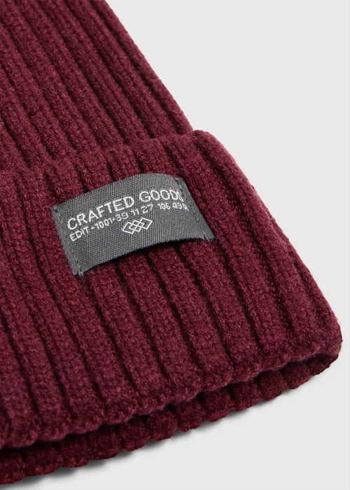 Burgundy Badged Thin Rib Beanie - One Size Image 2