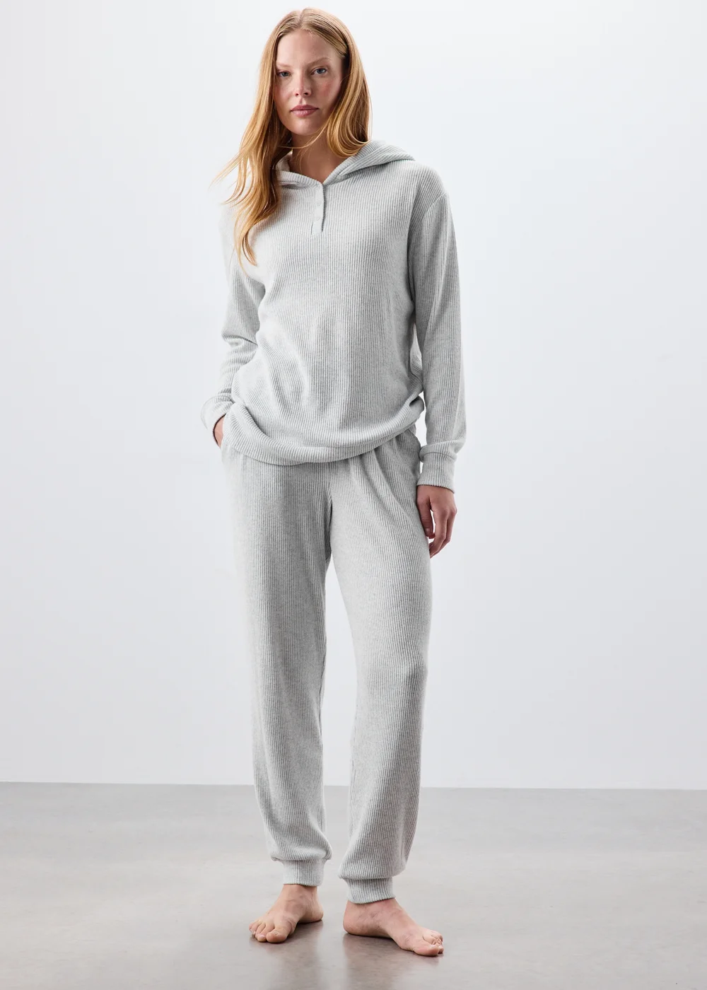 Grey Ribbed Loungewear Hoodie - XS Image 1