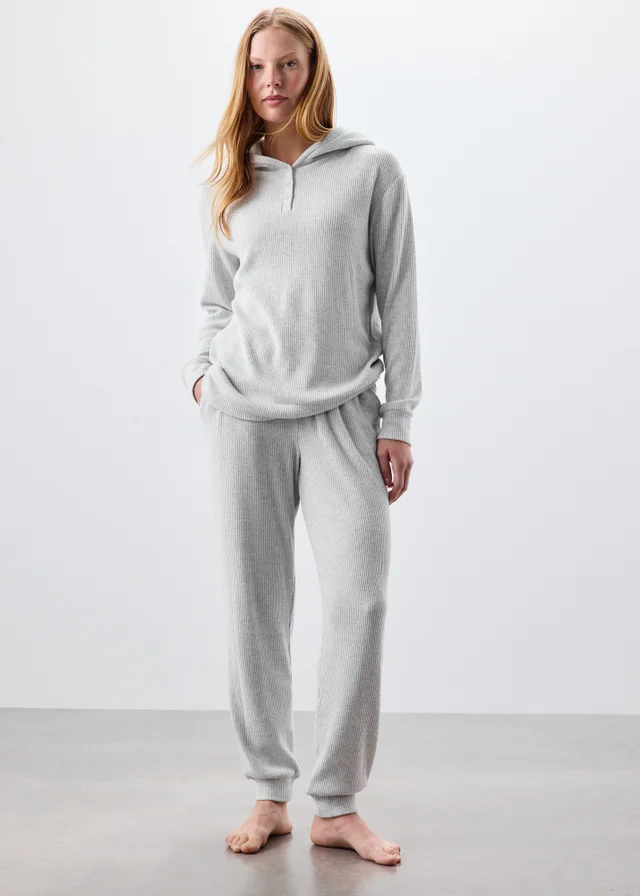Grey Ribbed Loungewear Hoodie