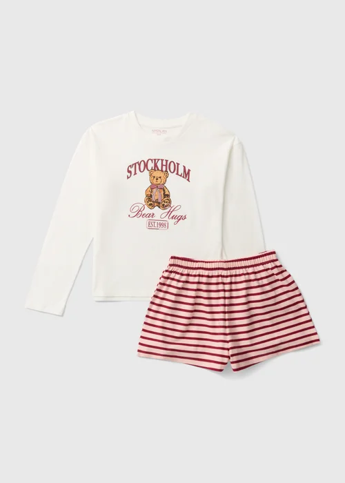 Girls Red Striped Bear Short Pyjamas (7-13 Yrs) - 7 Yrs Image 1