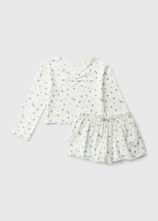 Girls Blue Floral Long Sleeve Shorts Pyjama Set (7-13yrs)
