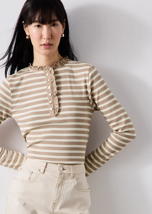 Cream Striped Frill Neck Henley Top - 16 Image 4