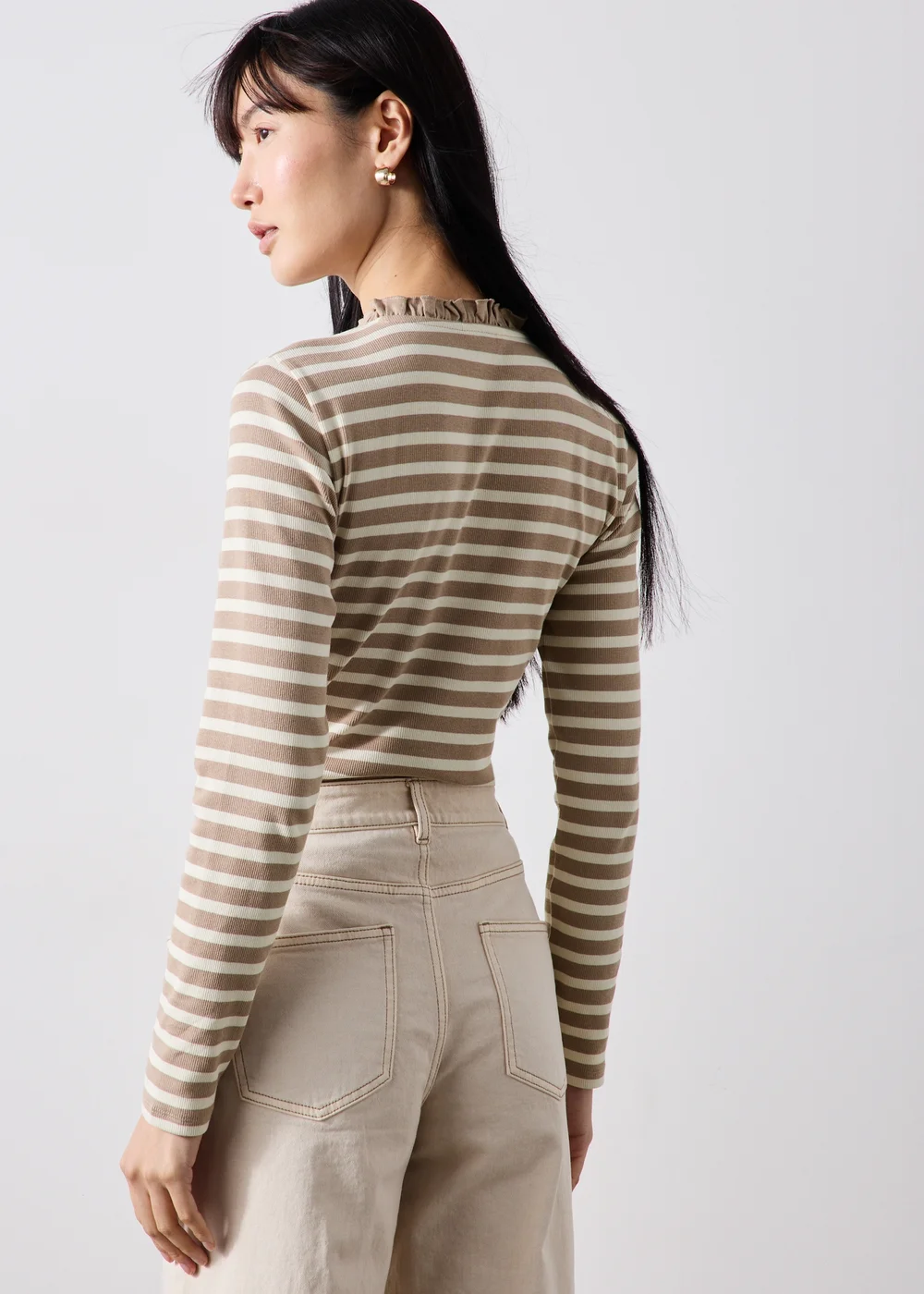 Cream Striped Frill Neck Henley Top - 16 Image 2